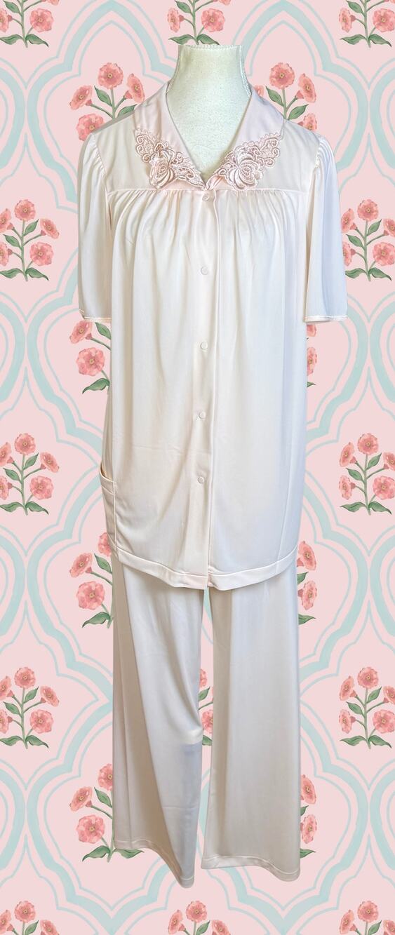 Vintage 70s Shadowline Pink Floral Lace Top Wide leg Pant Pajama Set Size 34/S